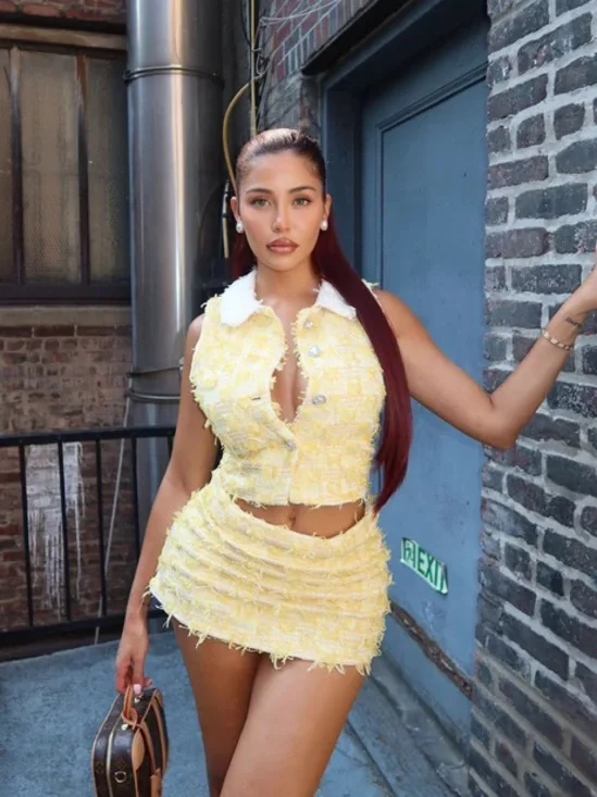 Fashion Nova She’s Classy Tweed Mini Skirt Set - Yellow - Picture 4 of 8